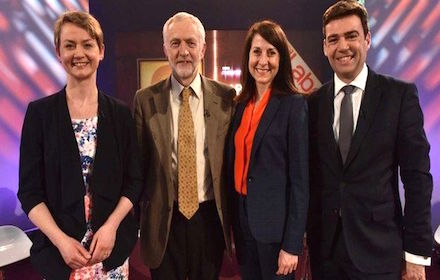 Corbyn with clowns to the left and jokers to the right