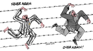 Carlos Latuff's cartoon Never Again - Over Again