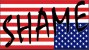 US flag upside down overlaid with word "shame"
