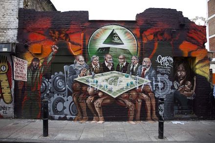 Kalen Ockerman mural depicting, from left to right, Rothschild, Rockefeller, Morgan, Aleister Crowley, Carnegie and Warburg